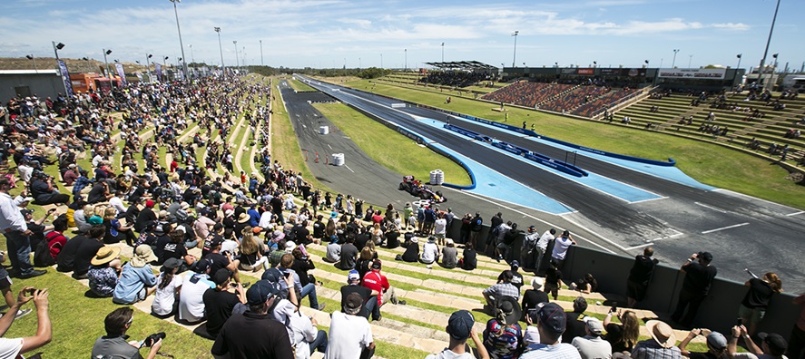 A photo taken from the crowd of the drag strip at the Perth Motorplex in Kwinana, Perth